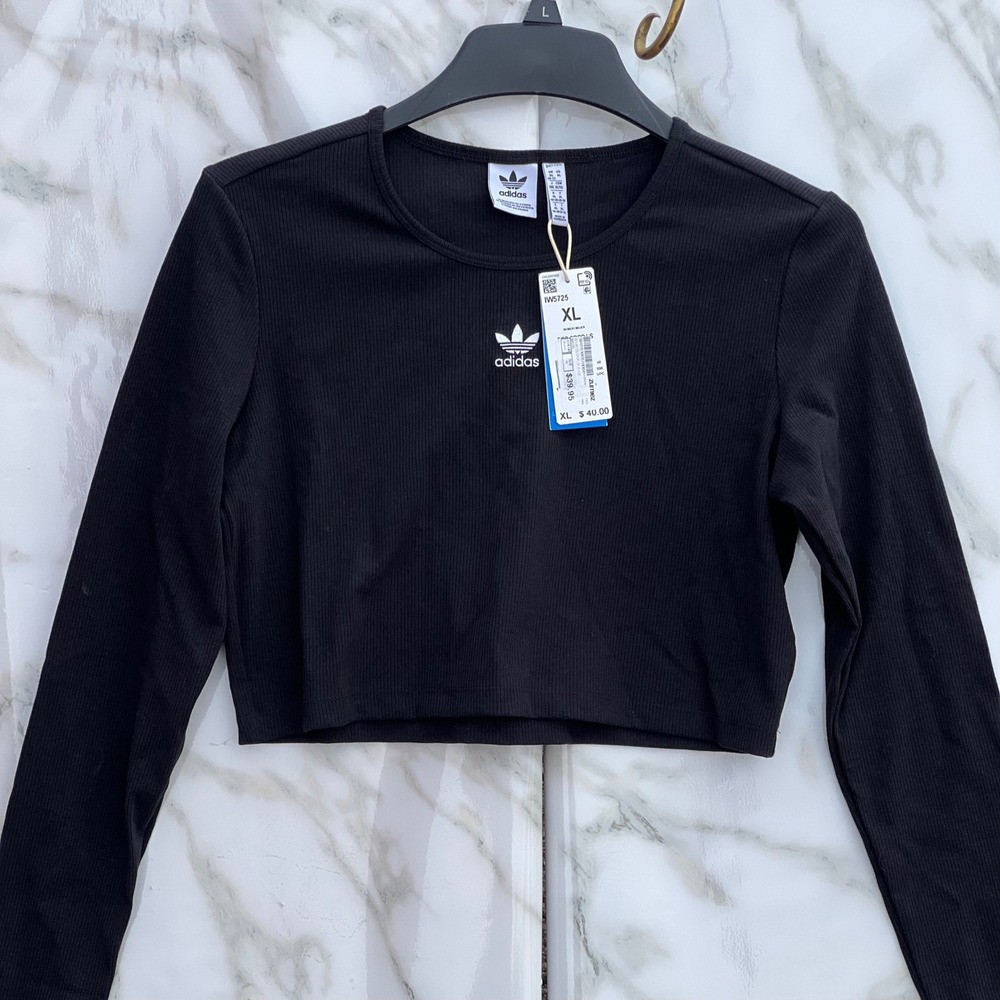 Adidas Originals Womens Ribbed Long Sleeve Crop Top Black Trefoil IW5725 XL NWT